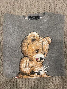 Gray Crewneck Sweater with Teddy Bear Graphic